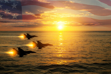 Wall Mural - Air Force Day. Aircraft silhouettes on background of sunset on the sea with a transparent American flag.