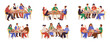 © Natalia - Family dinner in cafe. Group of cartoon people eats breakfast meal. Office men and women have lunch together. Delicious cake or pizza. Holiday food. Parents with kids. Dining tables vector tidy set