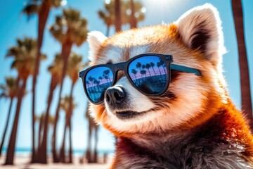 Wall Mural - portrait of red panda in sunglasses on a blurred background of palm trees and the beach