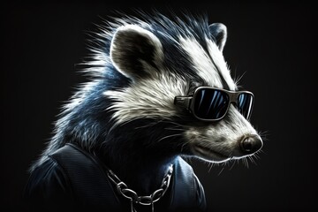 Wall Mural - portrait of skunk with sunglasses on a dark background