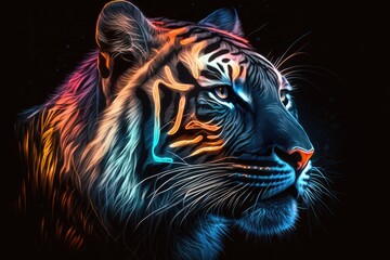 Wall Mural - portrait of tiger in neon colors on a dark background