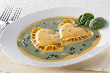 Wall Mural - heart-shaped ravioli swimming in rich cream sauce with cheese or spinach visible