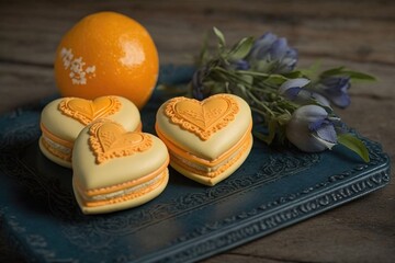 Poster - heart-shaped macarons filled with citrus flavor, topped with zesty orange icing