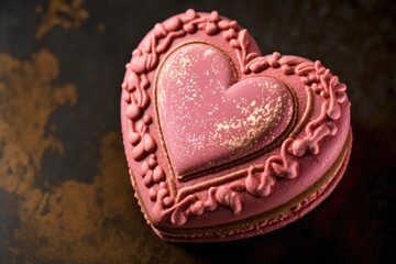 Poster - close-up of heart-shaped macaron with pink filling in the center