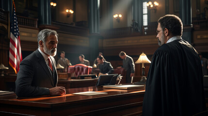 Courthouse Deliberation Scene, Intense discussion unfolds in a courtroom, highlighting the gravity and formality of legal proceedings