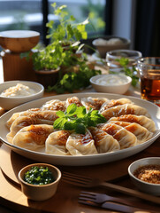 Poster - Oval irregular white ceramic dumpling plate, with dipping dish