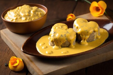 Wall Mural - heart-shaped stuffed mushrooms surrounded by a cheese sauce