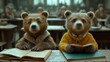 two bears sitting at a school desk, school learning. Generative AI