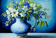 Vase mit Henkel und blauen Blumen im Öl-Effekt im holländischen Stil alter Meister, Delfter blau