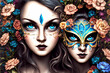 Zwei Frauen mit stechend blauen Augen, die venezianische Masken tragen 