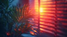 Window Palm Leaf In The Rays Of Sunset Blurred Background Neon Colors. Generative AI