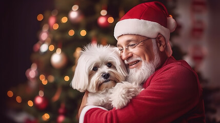  cute gray-haired grandfather Santa Claus in a red jacket and hat hugs his beloved white dog against the background of a Christmas tree, Generated AI 