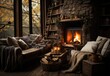 A cozy living room studio with a crackling fireplace, inviting furniture, and a rustic ladder, perfect for snuggling up on the couch and warming your soul by the hearth