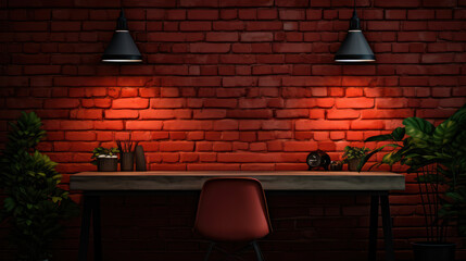 Wall Mural - White Brick Wall Interior: Modern Design with Empty Wooden Chair and Vintage Lamp.