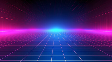 80s Retro Sci-Fi Background Futuristic Grid landscape. Digital cyber surface style of the 1980s. Double infinite grid and lights forward. Synthwave wireframe net illustration. 80s, 90s cyber grid
