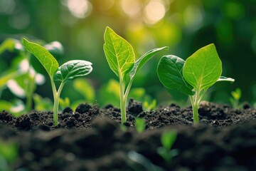 Poster - A close-up view of plants growing in dirt. This image can be used to depict the beauty of nature, gardening, or the process of growth and development