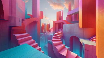 Colorful Geometric Stairs in Abstract Cubist Cityscape