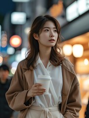 Poster - A young Asian woman holding coffee on shopping street. Generative AI.