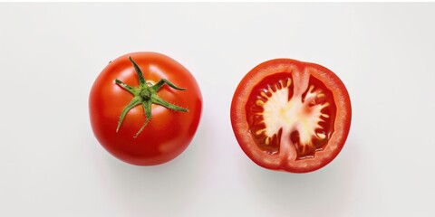 Wall Mural - A tomato and a half of a tomato on a white surface. Suitable for food photography or healthy eating concepts