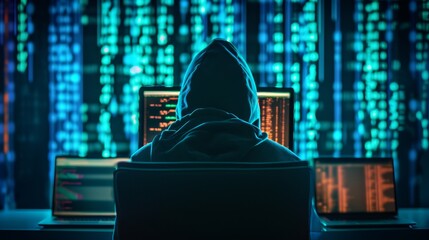 Silhouette of a hooded computer hacker behind multiple displays and digital information. Data thief, cyber fraud, election fraud, darknet and cybersecurity concept.