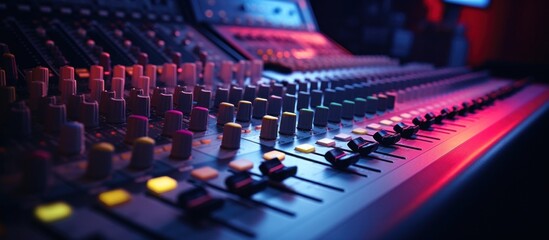 a close up of an audio mixing board with sound system