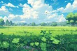 green field with sky background in pixel art style.