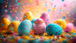 Colorful Easter eggs in motion, suspended in a festive atmosphere with confetti, symbolizing spring celebration, joyful traditions, and holiday fun
