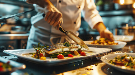 Wall Mural - Close-up of Chef in Commercial Kitchen Preparing Grilled Codfish for Service.




