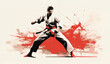 retro and vintage banner illustration with place for text. training one athlete with oriental martial arts in a karate or takwando pose. concept: sport, martial arts, kimono, self-defense