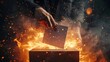 Election fraud symbol: A man throws his vote into a burning ballot box.