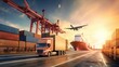 photo of logistics transport plane, ship, truck and cranes for transporting goods. cargo transportation concept, transport message, parcel