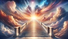 The Image Depicts A Majestic Marble Staircase Leading Up To A Bright Celestial Light With Dramatic Clouds Surrounding It, Giving A Sense Of Ascension To The Heavens.