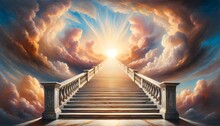 This Image Depicts A Grand, Marble Staircase Ascending Towards A Radiant Sun Breaking Through Dramatic Clouds, Creating An Ethereal And Heavenly Scene.