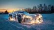 Car covered in ice in the winter forest