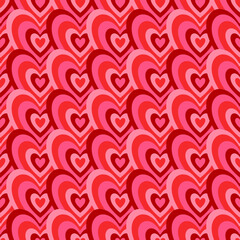 Wall Mural - Groovy Hearts Seamless Pattern. Psychedelic Distorted Vector Background in 1970s-1980s Hippie Retro Style for Print on Textile, Wrapping Paper, Web Design and Social Media. Pink and Purple Colors.