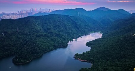 Wall Mural - Aerial photography of Shenzhen reservoir with mountains and city skyline