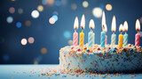 Fototapeta Do akwarium - birthday cake with candles, cake with candles, Colorful birthday cake with sprinkles and ten candles on a blue background, A celebration birthday cake with colorful sprinkles, generative ai