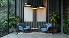Chic Office Waiting Space Including A Replica Of A Banner On A Striped Wall And Pendant Lighting, Generative AI.