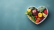 Top view of healthy fruits are kept on heart shape bowl with a big copy space, Generative AI.