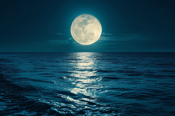 Wall Mural - the majestic sight of a full moon rising over a tranquil lake, its reflection shimmering on the wate