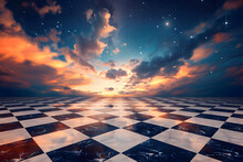 Surreal Checkerboard Floor Extending To A Dramatic Sunset Sky With Stars