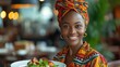 A beautiful happy African woman having meal in restaurant with a big copy space, Generative AI.