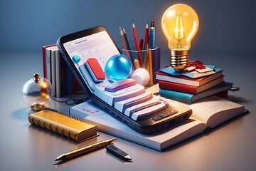 Online education. Remote access to lessons. Advertising of telephone educational programs, applications, and games. 3D smartphone, book, calendar, pen, light bulb. The modern way of learning design.