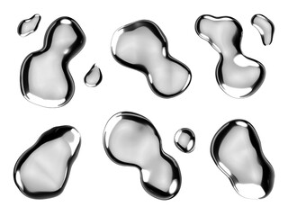 Wall Mural - y2k melty chrome shapes isolated. spilled liquid metal drops. futuristic metallic puddles