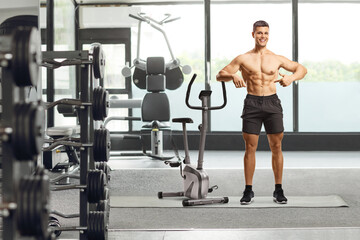 Wall Mural - Coach posing shirtless and leaning on an exercise bike at a gym