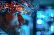 Man scientist analyzes brainwave data for conscious awareness. Technology provides valuable insights in mechanisms that govern various states of cognition