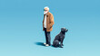 Illustration old man with dog isolated on blue background with copy space