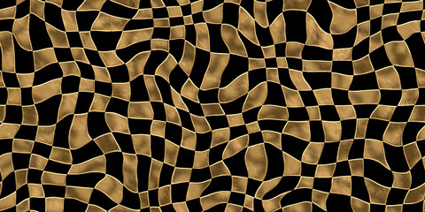 Wall Mural - Seamless golden surreal warped checker or chessboard pattern. Abstract geometric optical illusion gold plated relief on black background. Modern maximalist metallic luxury wallpaper. 3D rendering.