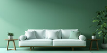 White Sofa Or Couch With Side Tables On A Solid Green Background, Banner Size, Fresh And Calm Interior