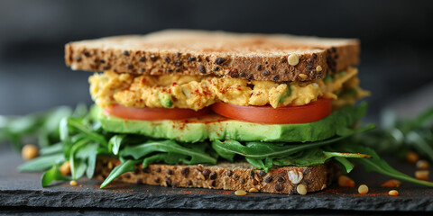 Avocado sandwich with microgreen sprouts on wooden cutting board	